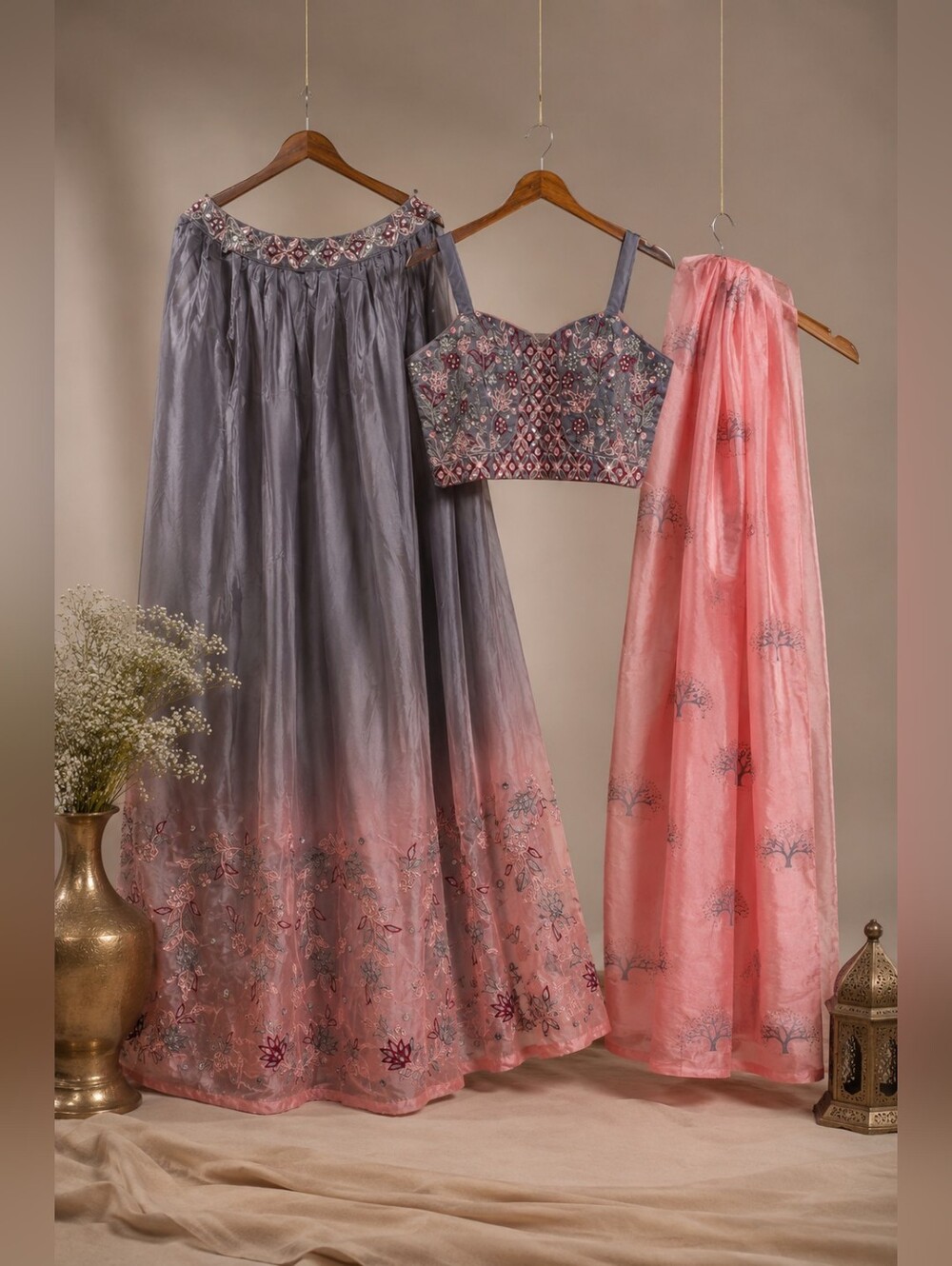 Grey & Blush Pink Embroidered Lehenga Choli Set with Printed Dupatta XS - Picture 3 of 8